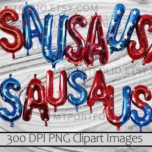 Peut inclure: Ballons en aluminium rouges et bleus &eacute;pelant "USA" avec des motifs d'&eacute;toiles. Les ballons sont dispos&eacute;s en deux rang&eacute;es sur un fond argent&eacute; et blanc. L'image comprend le texte "300 DPI PNG Clipart Images".