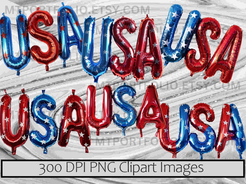 Peut inclure: Ballons en aluminium rouges et bleus &eacute;pelant "USA" avec des motifs d'&eacute;toiles. Les ballons sont dispos&eacute;s en deux rang&eacute;es sur un fond argent&eacute; et blanc. L'image comprend le texte "300 DPI PNG Clipart Images".