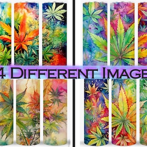 Marijuana Leaves Watercolor Pot Rainbow 20oz Skinny Tumbler Sublimation Design Digital PNG Wrap Waterslide Download Bundle 4 Pack PNG 300DPI