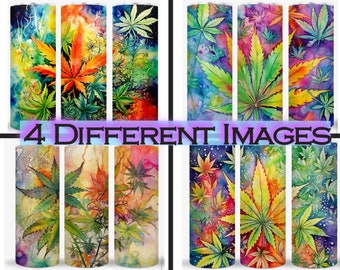 Puede incluir: Cuatro diseños diferentes de un patrón de hoja de cannabis de estilo acuarela. Las hojas son verdes, amarillas y naranjas sobre un fondo colorido.