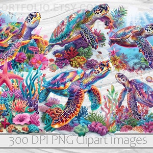 May include: Five colorful sea turtles with vibrant, iridescent shells are swimming in a coral reef. The turtles are surrounded by colorful coral, seaweed, and fish. The image is a 300 DPI PNG clipart image.