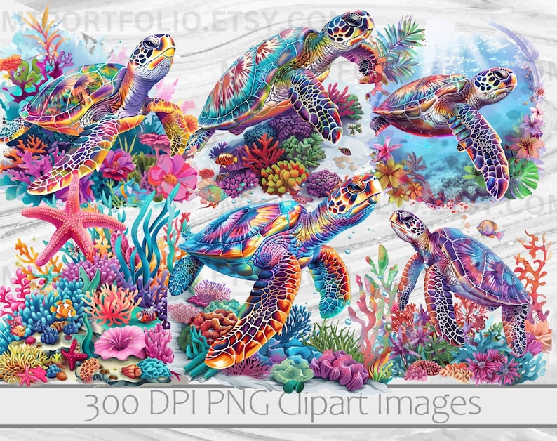 May include: Five colorful sea turtles with vibrant, iridescent shells are swimming in a coral reef. The turtles are surrounded by colorful coral, seaweed, and fish. The image is a 300 DPI PNG clipart image.