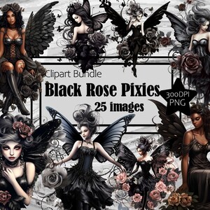 Puede incluir: Un paquete de imágenes prediseñadas digitales con ilustraciones de hadas de rosas negras. Las imágenes muestran hadas con alas oscuras, adornadas con vestidos negros y rodeadas de rosas. El texto "Black Rose Pixies" y "25 images" es visible.