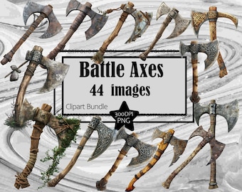 May include: A digital clipart bundle of 44 images featuring various battle axes with intricate designs. The axes are depicted in a realistic style with a variety of colors and textures, including brown, black, and silver. The images are perfect for use in digital projects, such as graphic design, web design, and social media.