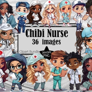 Chibi Nurse Clipart RN LPN Medical png Digital Download Nurse Scrubs PNG Clipart Bundle Commercial Chibi Doctor Caregiver Clipart Bundle