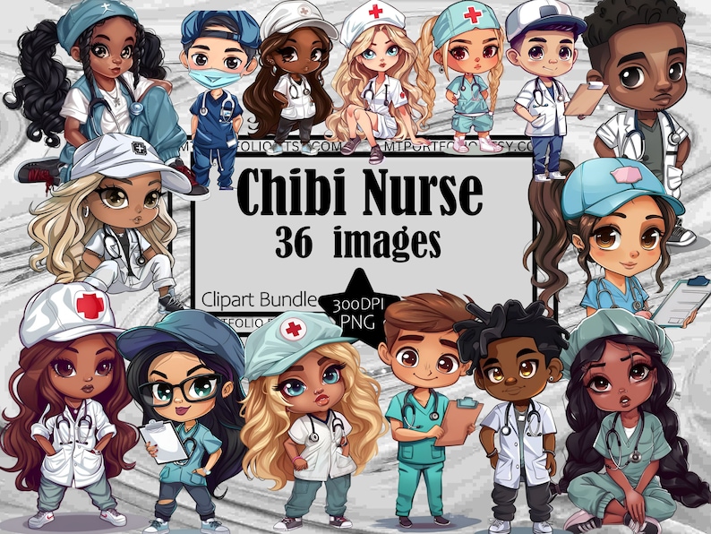 Pode incluir: Um conjunto de 36 imagens de clipart digital que apresentam ador&aacute;veis enfermeiras chibi em v&aacute;rias poses e roupas. As enfermeiras usam uniformes, jalecos brancos e chap&eacute;us. Algumas seguram equipamentos m&eacute;dicos, como estetosc&oacute;pios e pranchetas. As imagens s&atilde;o perfeitas para criar produtos digitais, como adesivos, cart&otilde;es de felicita&ccedil;&otilde;es e gr&aacute;ficos para m&iacute;dias sociais.