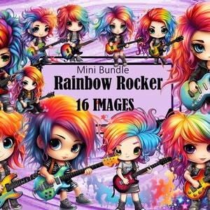 Rainbow Hair Rocker Girl Graffiti Chibi Kawaii Art Clipart Graphics Sublimation Bundle Junk Journal Scrapbook PNG File Transparent Download
