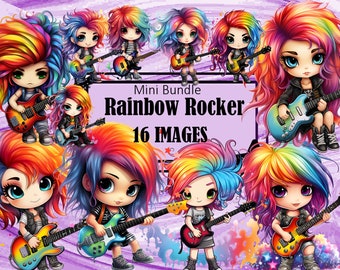 Rainbow Hair Rocker Girl Graffiti Chibi Kawaii Art Clipart Graphics Sublimation Bundle Junk Journal Scrapbook PNG File Transparent Download