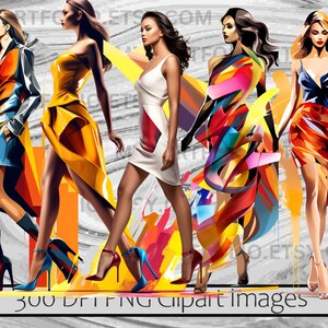 May include: Four women in colorful dresses and high heels walking on a gray background. The dresses are abstract and geometric, with bright colors and bold lines. The women are all wearing different styles of dresses, and their hair is styled in different ways. The background is a simple gray, which allows the dresses to stand out.