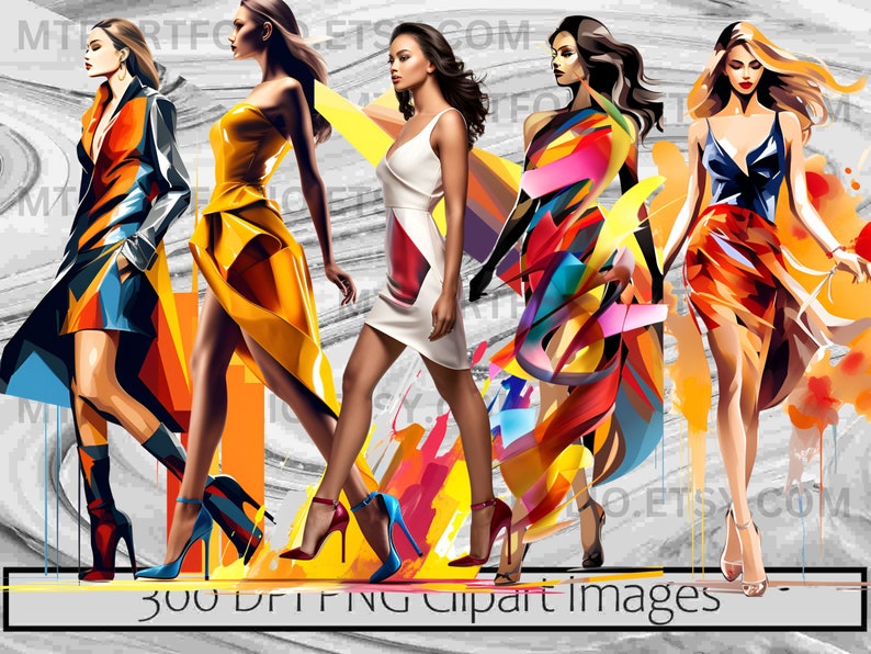 May include: Four women in colorful dresses and high heels walking on a gray background. The dresses are abstract and geometric, with bright colors and bold lines. The women are all wearing different styles of dresses, and their hair is styled in different ways. The background is a simple gray, which allows the dresses to stand out.