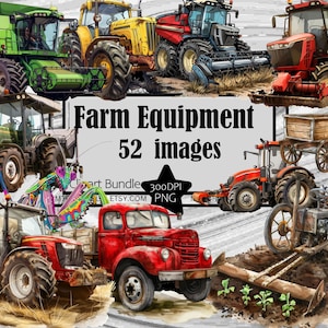 May include: A digital clipart bundle of 52 farm equipment images, including tractors, combines, and other farm machinery. The images are in a watercolor style and are perfect for use in digital scrapbooking, card making, and other craft projects.