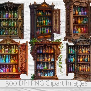 May include: Five ornate wooden cabinets with glass doors and shelves filled with colorful potion bottles. Each cabinet has intricate carvings and details, and the bottles are arranged in a variety of sizes and shapes.