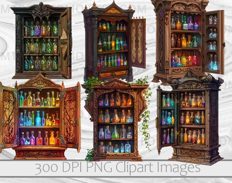 May include: Five ornate wooden cabinets with glass doors and shelves filled with colorful potion bottles. Each cabinet has intricate carvings and details, and the bottles are arranged in a variety of sizes and shapes.