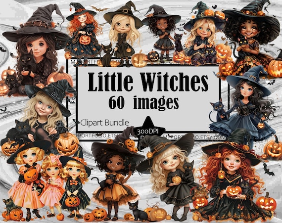 Little Witch Clipart Cute Witches PNG Anime Witches Bundle PNG Graphics Transparent Commercial Use Digital Download Sublimation Journal