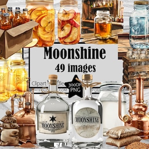 Moonshine Clipart Bundle boissons alcoolisées PNG graphiques Bootleg Booze Clipart Transparent Commercial Digital Download Sublimation Junk Journal