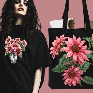 K&ouml;nnte beinhalten: Eine schwarze Tragetasche mit einem rosafarbenen Blumendesign. Die Blumen sind rosafarbene Sonnenblumen mit gr&uuml;nen Bl&auml;ttern. Die Tasche besteht aus schwarzem Canvas.