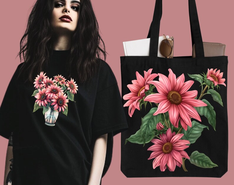 K&ouml;nnte beinhalten: Eine schwarze Tragetasche mit einem rosafarbenen Blumendesign. Die Blumen sind rosafarbene Sonnenblumen mit gr&uuml;nen Bl&auml;ttern. Die Tasche besteht aus schwarzem Canvas.