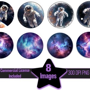 Paquete de gráficos de imágenes prediseñadas para posavasos redondos de astronautas y galaxias, nebulosas del espacio exterior ~ Licencia comercial incluida ~ Descarga digital ~ Sublimación