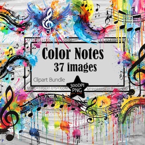 Musique colorée Clipart notes de musique couleur Splashl png Téléchargement numérique PNG Clipart Bundle Partitions commerciales clé de sol Clipart Bundle
