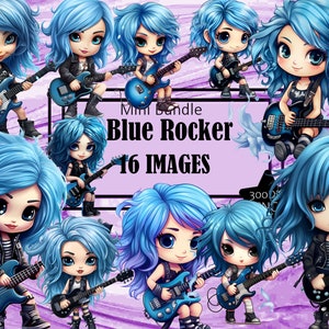 Ragazza rocker con capelli blu Graffiti Chibi Kawaii Art Clipart Grafica Sublimazione Bundle Junk Journal Scrapbook File PNG Trasparente Download