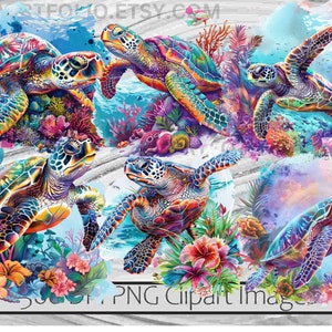 May include: Five colorful sea turtles with vibrant green, blue, and purple shells are swimming in a watercolor-style ocean scene. The turtles are surrounded by coral reefs and tropical flowers.