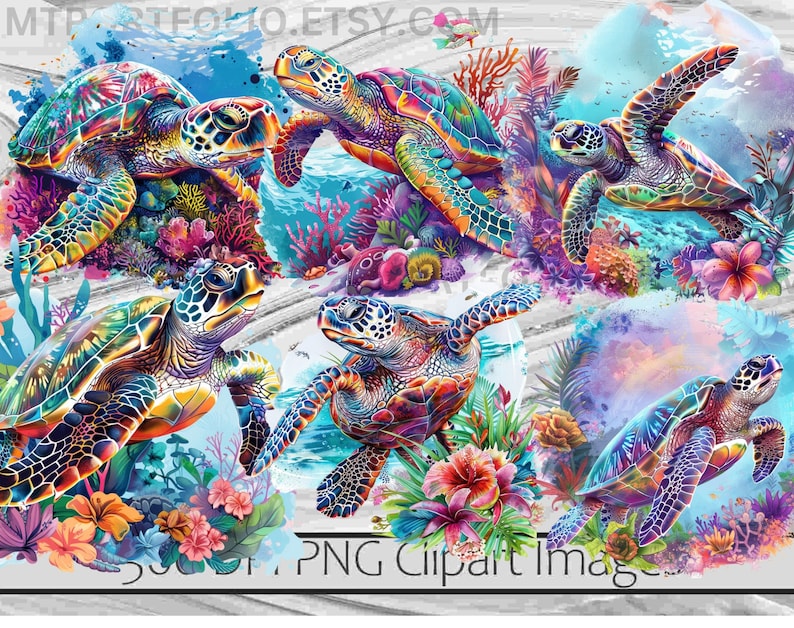May include: Five colorful sea turtles with vibrant green, blue, and purple shells are swimming in a watercolor-style ocean scene. The turtles are surrounded by coral reefs and tropical flowers.