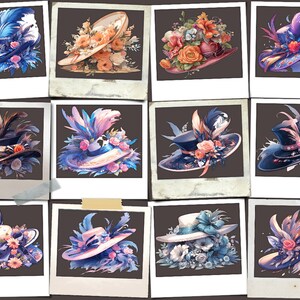 May include: Twelve vintage-style photo frames featuring a selection of colourful hats adorned with flowers and feathers. Each frame has a white border and a brown background.