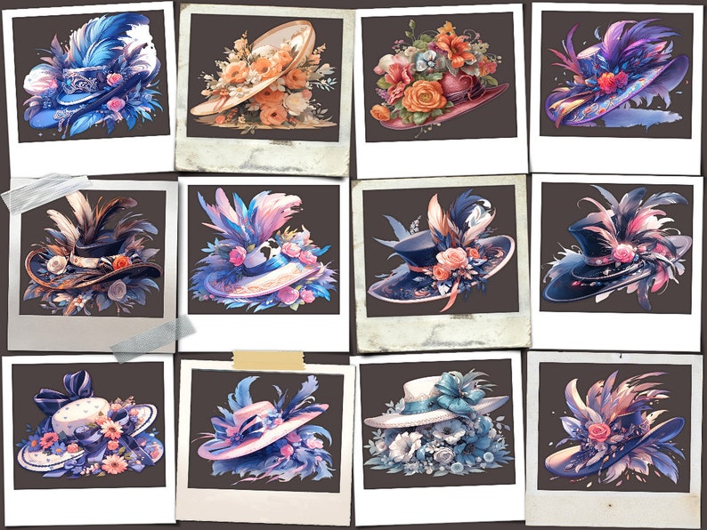 May include: Twelve vintage-style photo frames featuring a selection of colourful hats adorned with flowers and feathers. Each frame has a white border and a brown background.