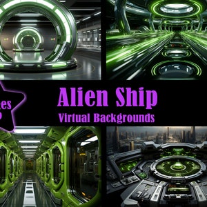 May include: Four virtual backgrounds featuring a futuristic alien spaceship interior. The backgrounds include a green glowing portal, a long hallway with green lights, a corridor with rows of doors, and a spaceship cockpit with a green control panel.