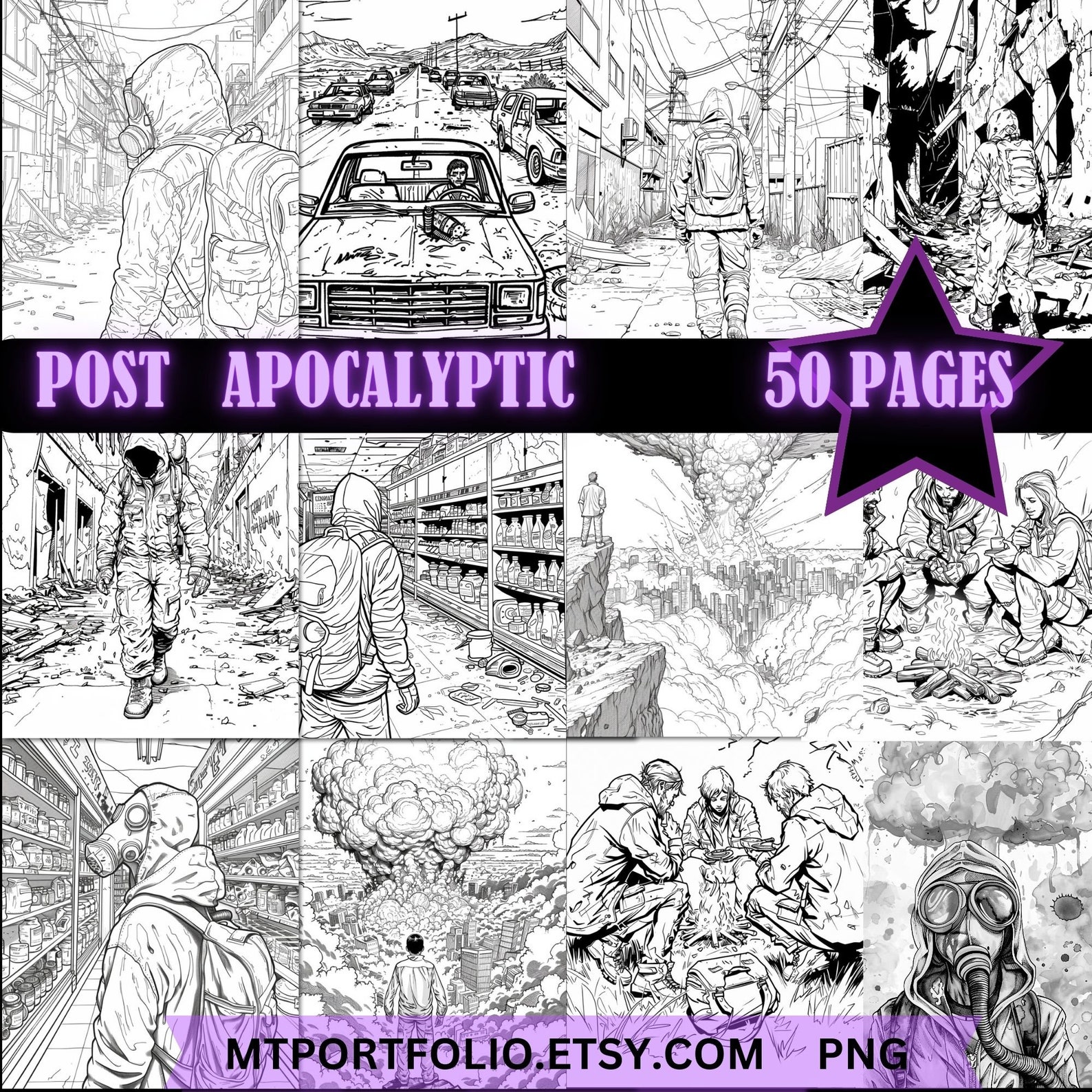 Apocalypse Disaster 50 Coloring Pages for Adults Gas Mask Survivor WW3 ...