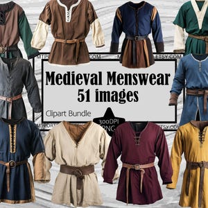 May include: A collection of 51 digital images of medieval menswear clipart. The images feature various styles of tunics, shirts, and belts in different colors, including brown, blue, green, and yellow.