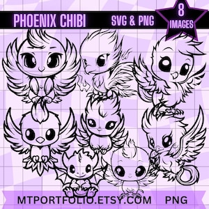 Joli Phoenix Chibi SVG Bundle Kawaii PNG coupe fichiers création artisanale, fichier de coupe pour Cricut, Silhouette usage Commercial inclus