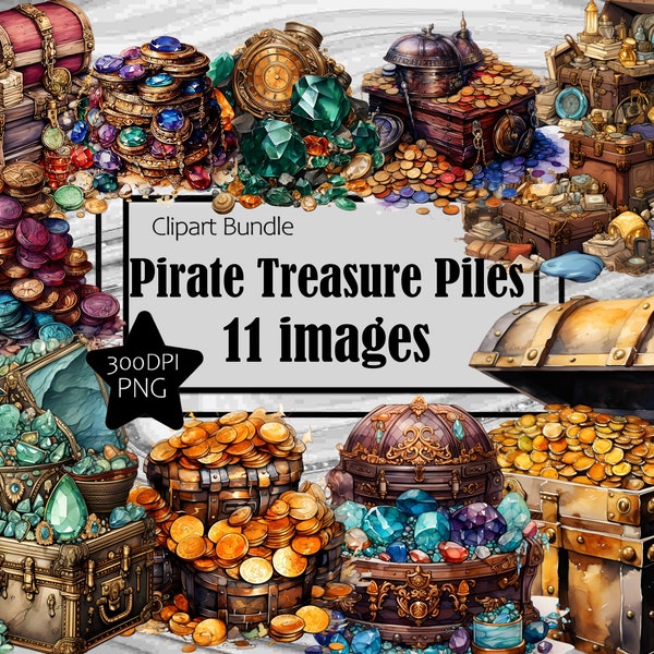 Pirate Treasure Chest PNG Stacks Gold and Jewels Pirate Booty Clipart Bundle Coins Pirates Jewelry and Riches Commercial Licence Included