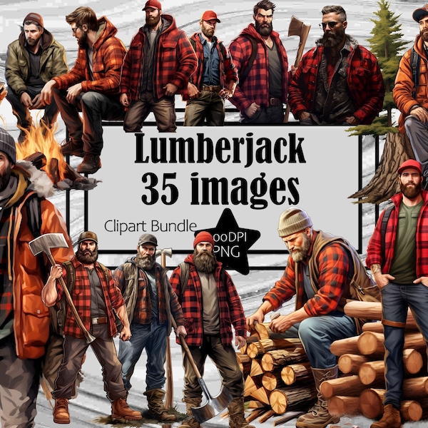 Lumberjack Clipart Logger PNG Red Plaid Graphics PNG Clipart Bundle Transparent Commercial Use Digital Download Sublimation Junk Journal