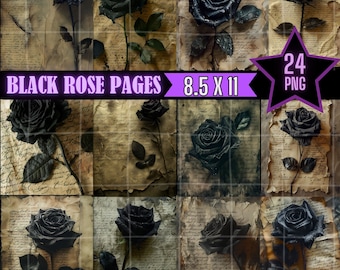 Black Rose Junk Journal Digital 8.5 x 11 Paper 24 Pack Vintage Aged Paper Romantic Black Rose ScrapBook Page Printable Instant Download Dark