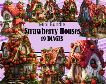 Strawberry House Clipart Fantasy Strawberry House PNG Fairy Cottage ClipArt Dye Sublimation Bundle Junk Journal Scrapbook File Transparent