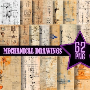 Rysunki mechaniczne Plany Rysunki patentowe PNG Schematy do druku Vintage Ephemera Rysunki techniczne Dziennik śmieci Papier cyfrowy