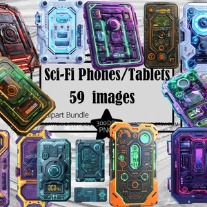 Clipart téléphone science-fiction High Tech tablette PNG futur téléphone Bundle PNG science graphiques Transparent usage commercial téléchargement numérique sublimation