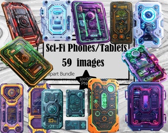 May include: A collection of 59 futuristic phone and tablet designs. The devices feature a variety of colors, including blue, green, orange, purple, and red. The designs are intricate and detailed, with glowing lights and buttons. The text "Sci-Fi Phones/Tablets! 59 images" is displayed at the top of the image.