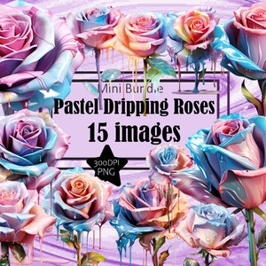 Gemalt Pastell Regenbogen Rosen tropfende Farbe Künstler Blumen Kunst Sublimation Bundle Junk Journal Sammelalbum PNG Datei Transparent Download
