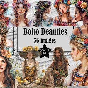 Bellezas bohemias, imágenes prediseñadas de chicas hippies, moda retro, imágenes prediseñadas de arte de sublimación tradicional, imágenes prediseñadas de chicas adolescentes, paquete de imágenes prediseñadas de mujeres hermosas