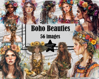 Bellezas bohemias, imágenes prediseñadas de chicas hippies, moda retro, imágenes prediseñadas de arte de sublimación tradicional, imágenes prediseñadas de chicas adolescentes, paquete de imágenes prediseñadas de mujeres hermosas