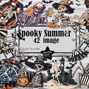 Upiorny letni clipart Szkielet clipart Halloween Horror grafika Plaża szkielet Licencja komercyjna Pobieranie cyfrowe Sublimacja Junk Journal