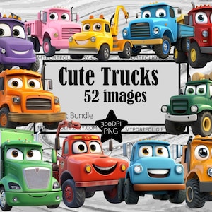 Cute Truck Clipart Cartoon Truck PNG Graphics Anime Truck Child Wall Art Transparent Commercial Digital Download Sublimation Journal Bundle