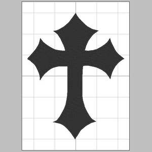 May include: A black, stylized cross design with pointed edges. The cross is centered on a white grid background. The cross has a textured appearance, suggesting it may be an embroidered or stitched design.