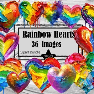 Op de afbeelding: Een digitaal clipart-pakket met 36 regenboog-hartimages. De harten zijn geschilderd in een kleurrijke, abstracte stijl met druppelende verf-effecten. De tekst "Rainbow Hearts 36 images" wordt weergegeven op een witte achtergrond.
