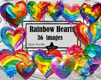Rainbow Heart Clipart Brushstroke Painted Heart Clipart Bundle Pride Heart PNG Rainbow Paint Heart Clipart Paper Crafts Junk Journal LGBT