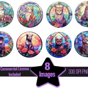 Stained Glass Cats kittens Floral Colorful Window Coaster Round Clipart Graphics Bundle ~ Commercial License Incl.~Digital DL~Sublimation