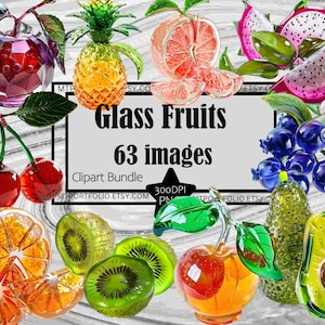Glass Fruit Clipart Shiny Fruit Grapes Pineapple Citrus PNG Graphics Transparent Commercial License Digital Download Sublimation Journal
