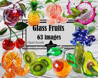 Glass Fruit Clipart Shiny Fruit Grapes Pineapple Citrus PNG Graphics Transparent Commercial License Digital Download Sublimation Journal